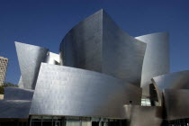 The Walt Disney Concert Hall modern silver exterior designed by Frank Gehry