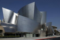 The Walt Disney Concert Hall modern silver exterior designed by Frank Gehry