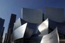 The Walt Disney Concert Hall modern silver exterior designed by Frank Gehry