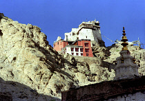 View looking up at the cliff top Gompa