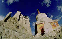 Angled view looking up at the ancient Leh Palace and stupa