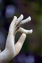 Close up statue detail of Buddhas hand in classic pose refered to as Vitarka