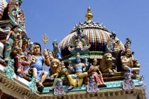 Sri Mariamman Temple. Detail of brightly coloured Hindu carvings dating from 1862