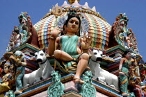 Sri Mariamman Temple. Detail of brightly coloured Hindu carvings dating from 1862