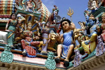 Sri Mariamman Temple. Detail of brightly coloured Hindu carvings dating from 1862