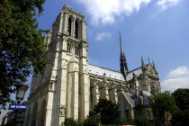 Angled view looking up at the Notre Dame cathedral