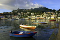 View over moored boats in Kingston Harbour toward the waterfront