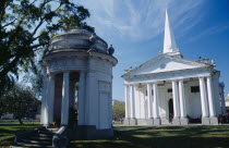 St. Georges Church.  Anglican church built in 1817 using convict labour.  Classical style exterior with free standing open sided turret in foreground.