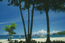 The beach seen through coconut palm trees with outrigger fishing sailboats ashore