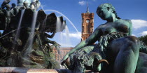 Alexanderplatz. View of the Rathaus seen from the Neptune Fountain in the immediate foreground