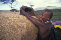 A Maasai woman covers her hut with cow dung which has the effect of waterproofing the roof .