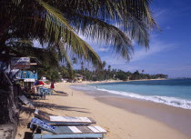 Narrow sandy beach lined with vegetation and overhanging palm trees with hotel restaurant and wooden sun loungers.