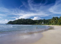 Quiet sandy beach fringed with palm trees on the south coast with fisherman standing in shallow water at shoreline and building amongst trees behind.