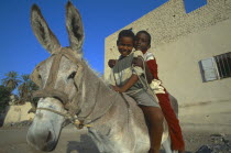 Two children on donkey wearing rope bridle and blinkers.