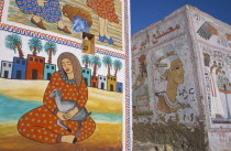 Painted exterior of alabaster shop depicting flowers  birds  lions and other scenes with woman sweeping step of open doorway.