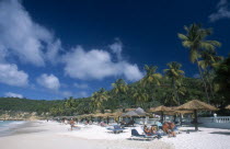 View along sandy beach lined with palm trees and thatched sun umbrellas with people sunbathing on loungers.