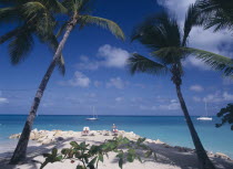 Sandy beach and rocks with people sunbathing on loungers and man fishing.  Aquamarine water and yachts framed by palms in the foreground.