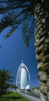 The Jumeirah Beach Hotel with palm tree trunk in the foreground.