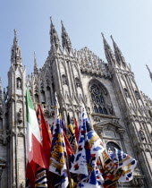 Cathedral frontage with a souvenir stall selling flags and scarves