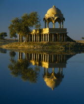 Gadi Sagar Tank.  Building reflected in water.