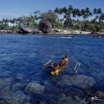 Children in outrigger canoe with beach behind