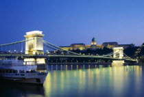 View across the River Danube and Chain Bridge at night.