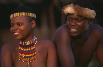 Zulu couple with traditional head wear  hers is an ujelasi.