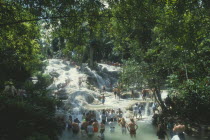 Dunns River Falls through trees with tourists walking in the pools