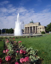 Brandenburg Gate formal gardens and fountain.