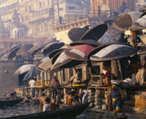 Umbrellas over the ghats along the River Ganges.