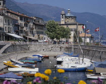 View across Cannobio harbour to the town