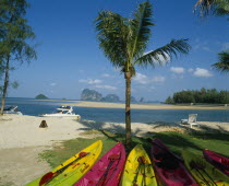 Brightly coloured canoes under palm tree in foreground with view over white sand beach towards karst formations beyond.Andaman Coast Colored