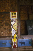 Jinghpaw ceremonial house interior detail at Manao grounds in Waing Maw Burma