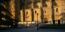 The Cathedral  part view of exterior in golden sunlight  tree branches and decorative lamp posts in shadow in the foreground.