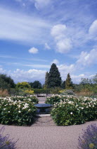 Wisley Royal Horticultural Society Garden. View through path into formal garden with fountain .