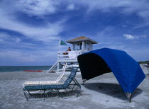 Lido Beach. Sun Loungers and Lifeguard Hut on sandy beach