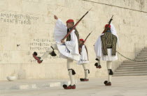 Ceremonial changing of the guards known as Evzones at the Parliament Building.