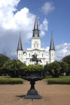 French Quarter. Jackson Square with equestrian statue of Andrew Jackson and St Louis Cathedral