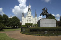 French Quarter. Jackson Square with equestrian statue of Andrew Jackson and St Louis Cathedral beyond