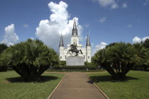 French Quarter. Jackson Square with equestrian statue of Andrew Jackson and St Louis Cathedral beyond