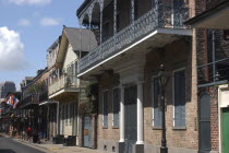 French Quarter. View along buildings with ironwork balconies and shuttered windows