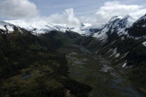 Mountainous tree covered valley with snow capped peaks