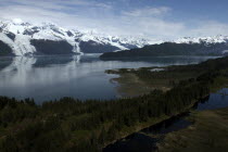 View over trees and calm waters of the bay toward snow capped mountain range