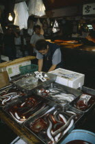 Eels for sale at Tsukiji fish market.