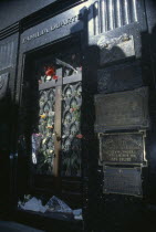 Cemetery of the Recoleta.  Eva Perons tomb in the Duarte family mausoleum decorated with flowers.