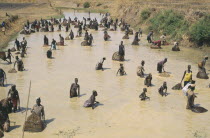 Dinka tribe fishing with nets and spears in shallow river.