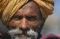 Portrait of Rajasthani man wearing  brightly coloured turban. Colored