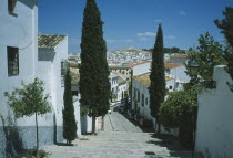 Cobblestone alleyways. Steps leading down to parked cars and trees either side Andalusia