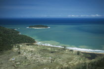 Indonesia, Tsunami, Aceh Province, Aerial shot looking down on flooded Aceh coastline and destroyed town 5 months after December 2004.