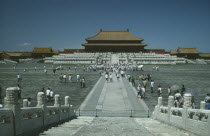 Forbidden City. View from steps with tourists walking within the complex. Peking